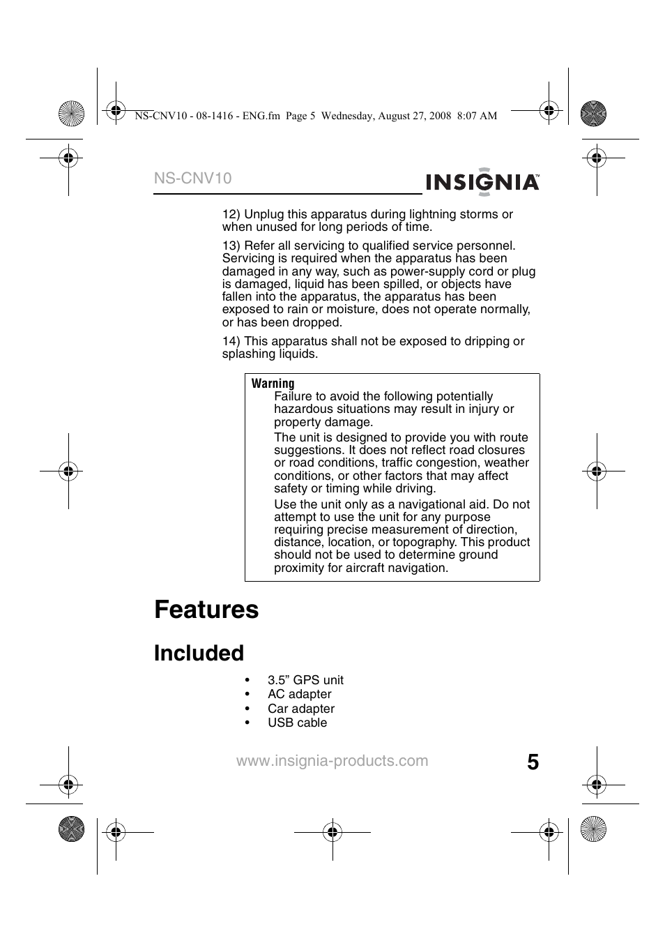 Features, Included | Insignia NS-CNV10 User Manual | Page 7 / 72