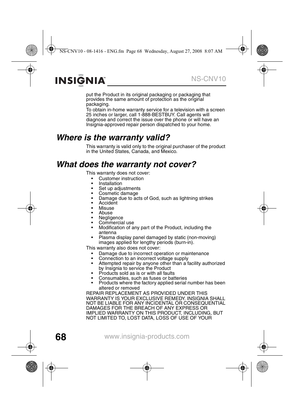 Where is the warranty valid, What does the warranty not cover | Insignia NS-CNV10 User Manual | Page 70 / 72