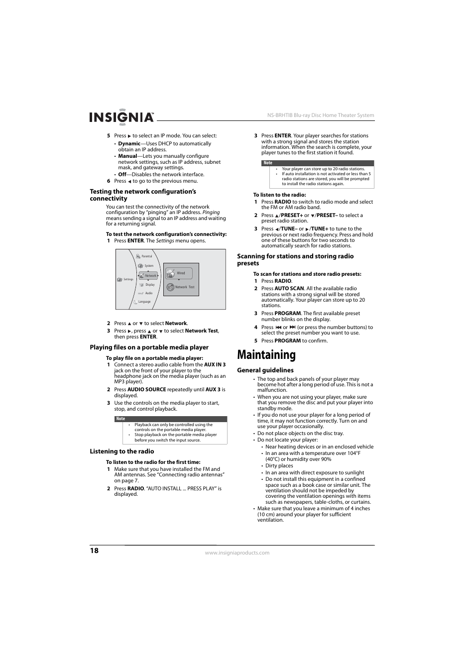Testing the network configuration’s connectivity, Playing files on a portable media player, Listening to the radio | Scanning for stations and storing radio presets, Maintaining, General guidelines | Insignia NS-BRHTIB User Manual | Page 22 / 36