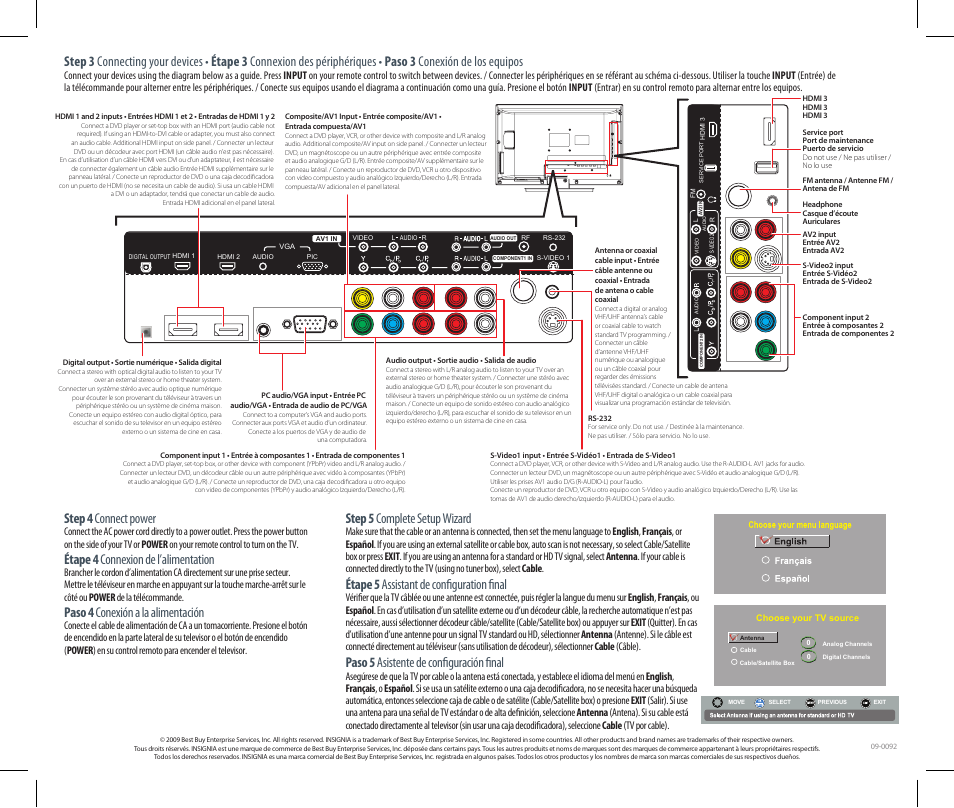 Step 5 complete setup wizard, Étape 5 assistant de configuration final, Paso 5 asistente de configuración final | Step 4 connect power, Étape 4 connexion de l’alimentation, Paso 4 conexión a la alimentación | Insignia NS-L19X-10A User Manual | Page 2 / 2