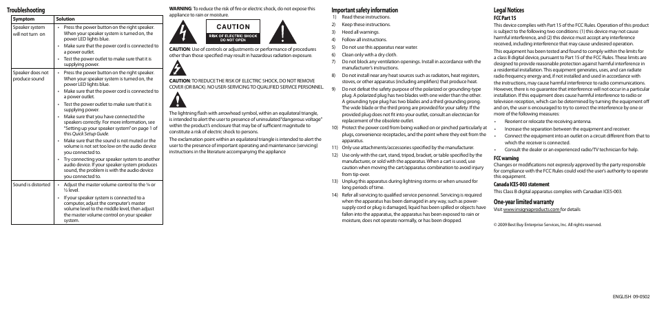 Troubleshooting, Important safety information, Legal notices | One-year limited warranty | Insignia NS-PCS41 User Manual | Page 2 / 2