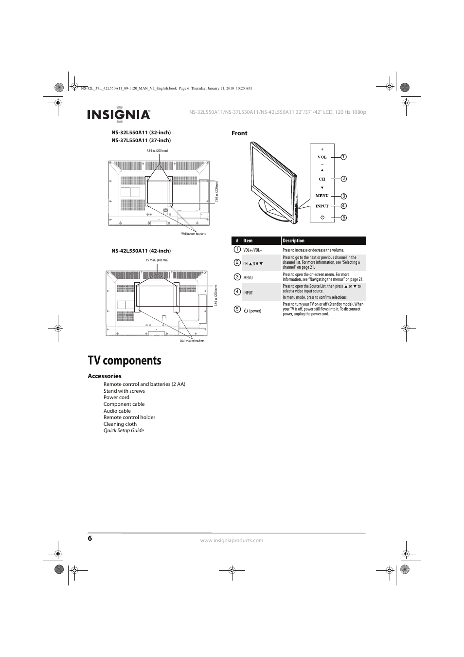 Tv components, Accessories, Front | Insignia NS-32L550A11 User Manual | Page 10 / 68