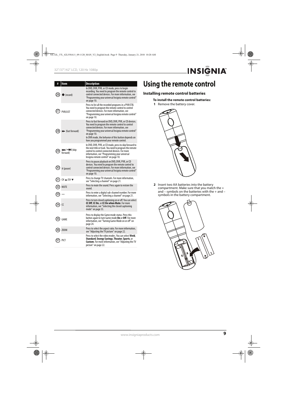 Using the remote control | Insignia NS-32L550A11 User Manual | Page 13 / 68