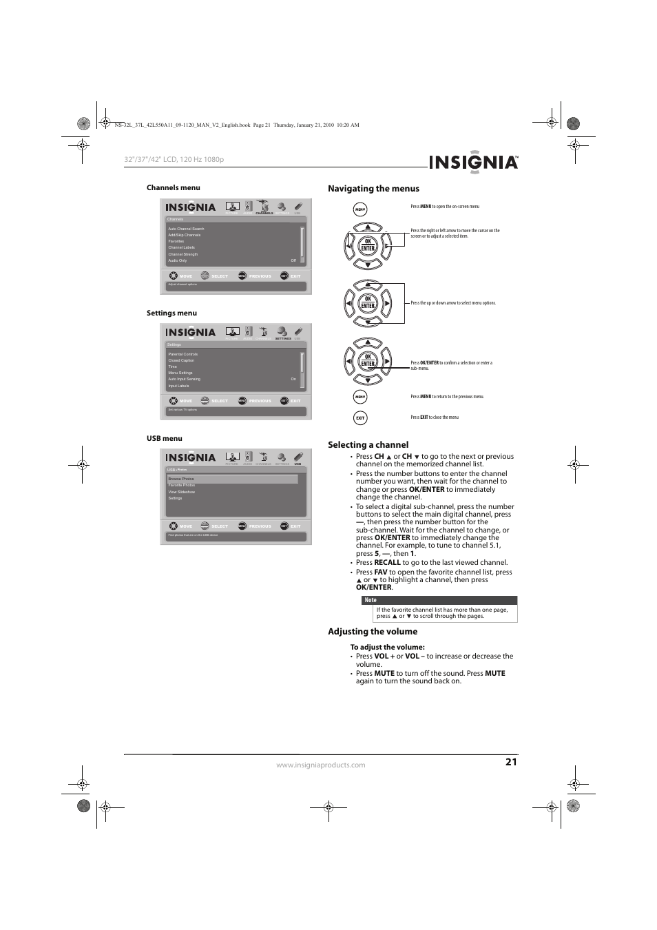 Navigating the menus selecting a channel, Adjusting the volume | Insignia NS-32L550A11 User Manual | Page 25 / 68