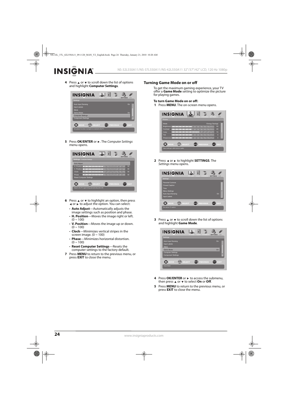 Turning game mode on or off | Insignia NS-32L550A11 User Manual | Page 28 / 68