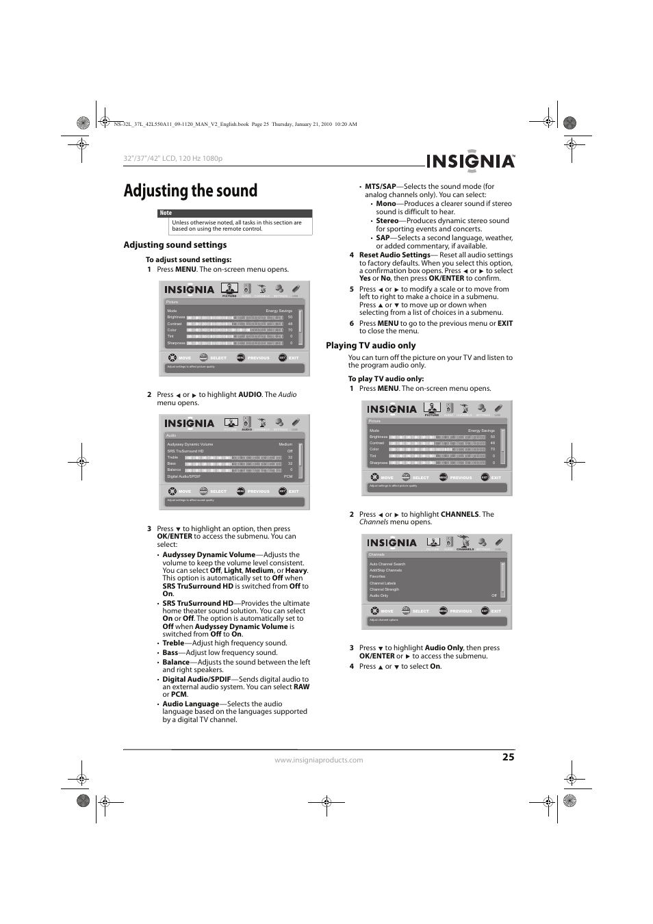 Adjusting the sound, Adjusting sound settings, Playing tv audio only | Insignia NS-32L550A11 User Manual | Page 29 / 68