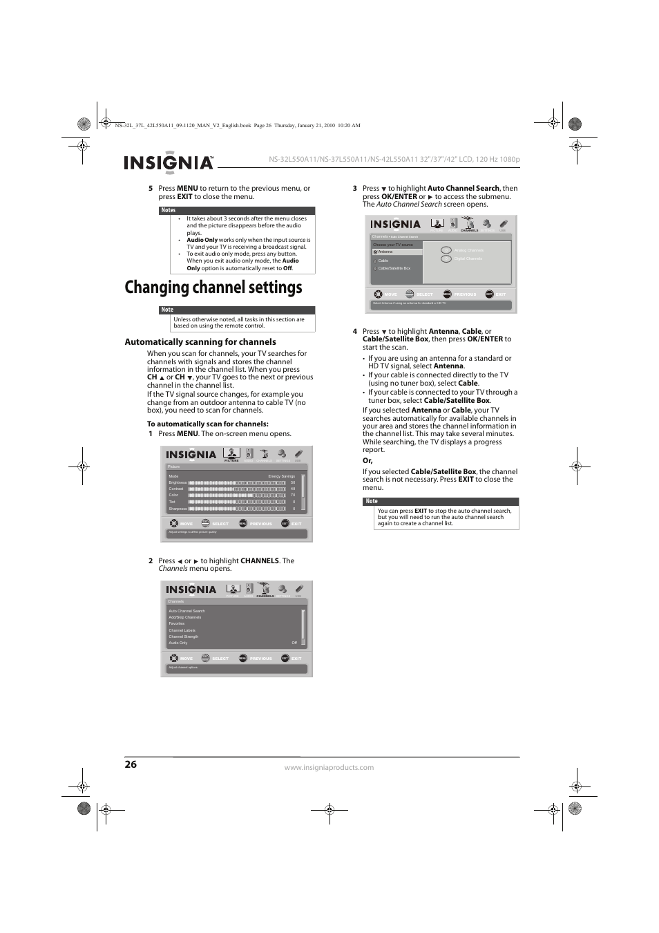 Changing channel settings, Automatically scanning for channels | Insignia NS-32L550A11 User Manual | Page 30 / 68