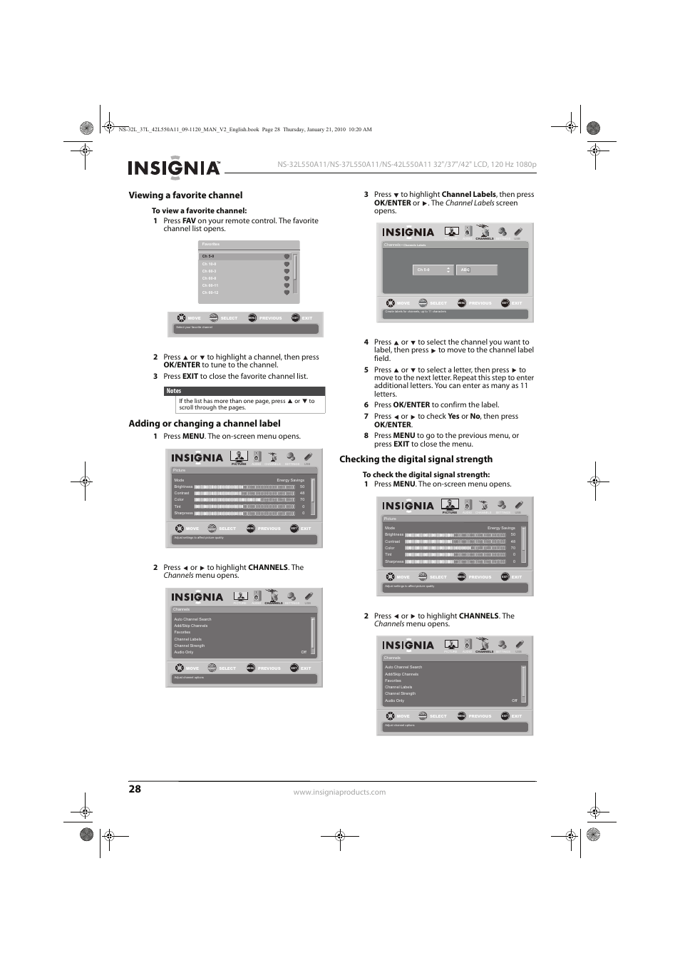 Viewing a favorite channel, Adding or changing a channel label, Checking the digital signal strength | Insignia NS-32L550A11 User Manual | Page 32 / 68