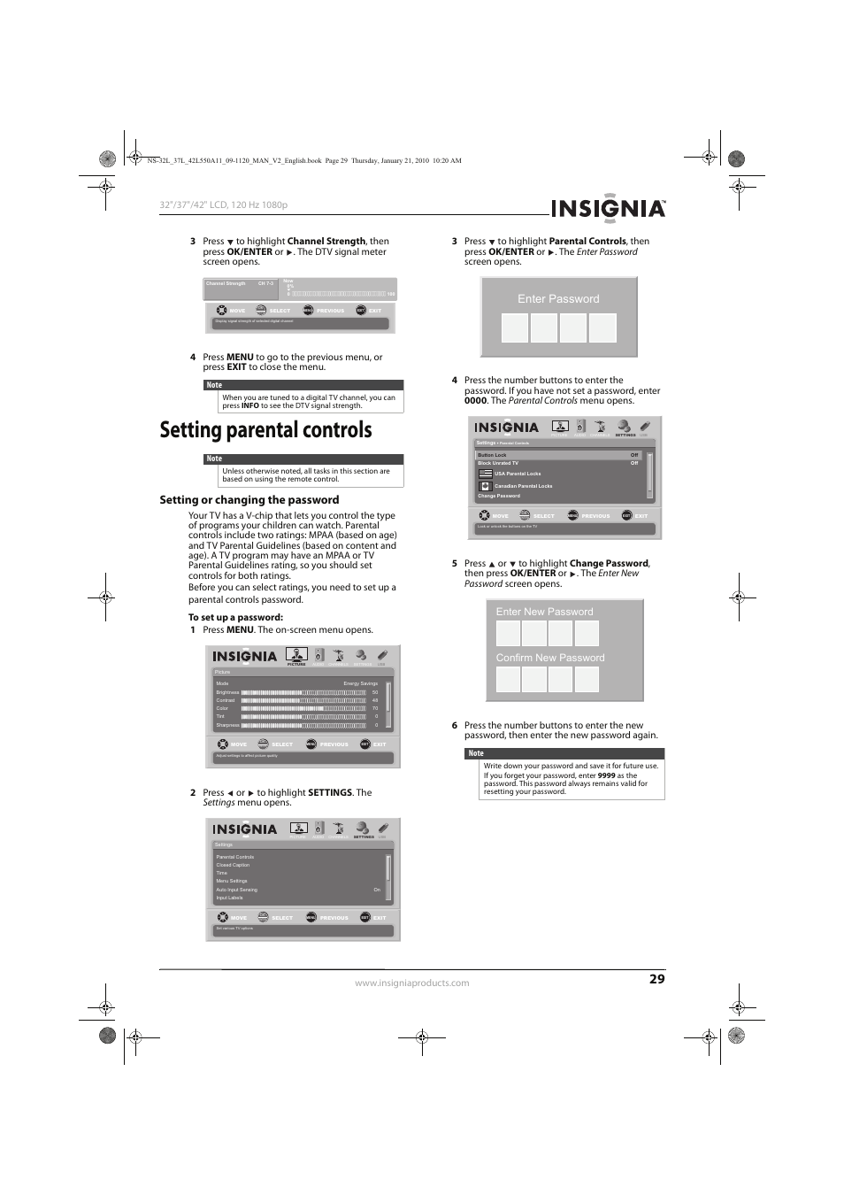 Setting parental controls, Setting or changing the password, Enter password | Enter new password confirm new password | Insignia NS-32L550A11 User Manual | Page 33 / 68