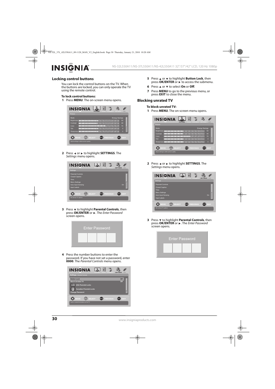 Locking control buttons, Blocking unrated tv, Enter password | Insignia NS-32L550A11 User Manual | Page 34 / 68