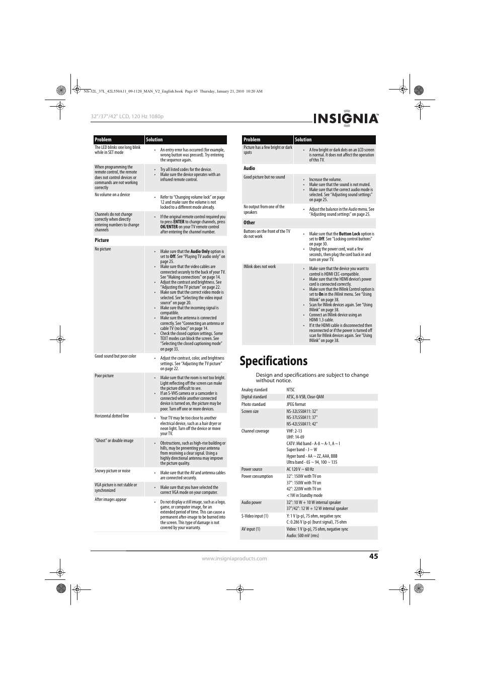 Specifications | Insignia NS-32L550A11 User Manual | Page 49 / 68