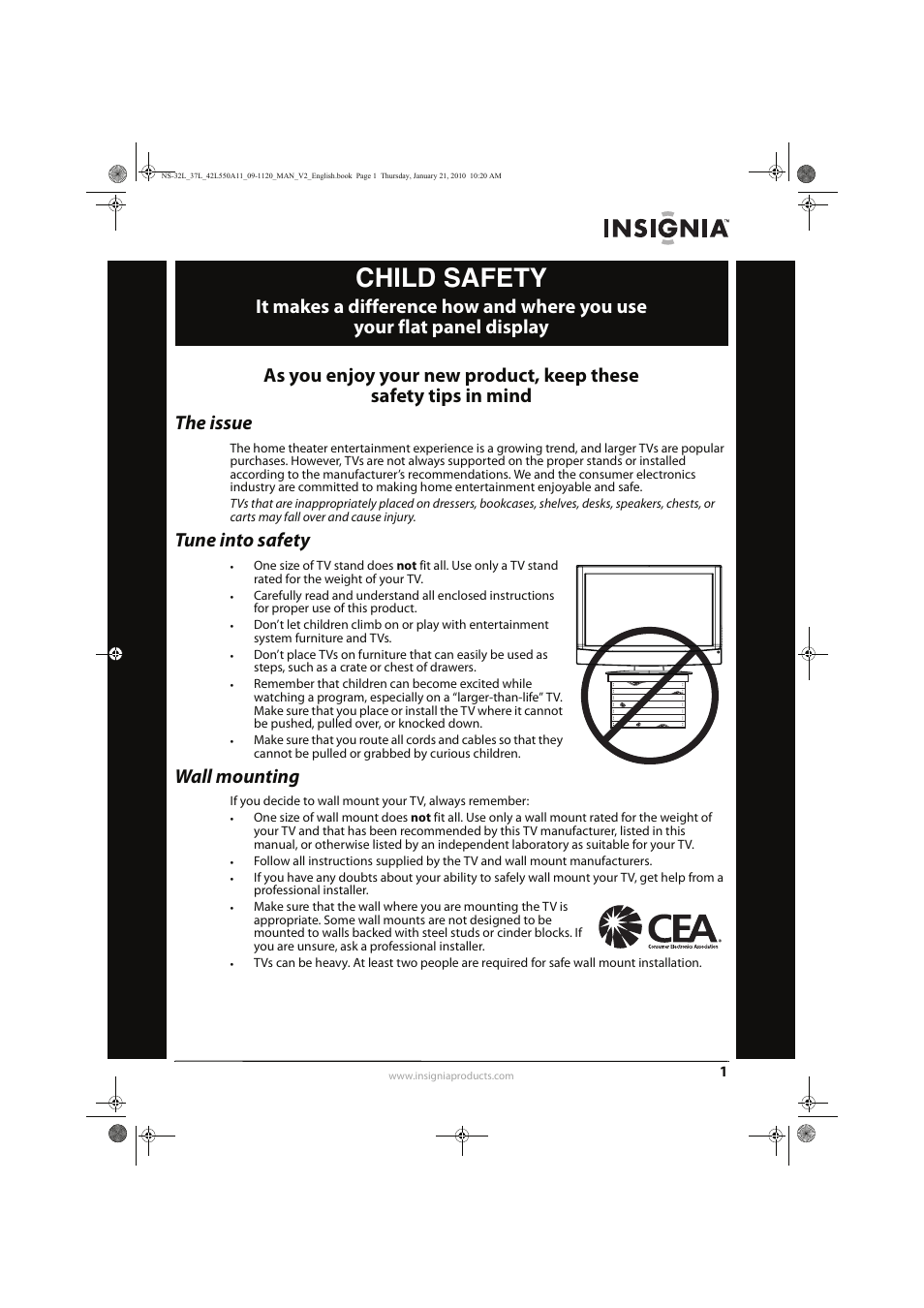 Child safety, Tune into safety, Wall mounting | Insignia NS-32L550A11 User Manual | Page 5 / 68