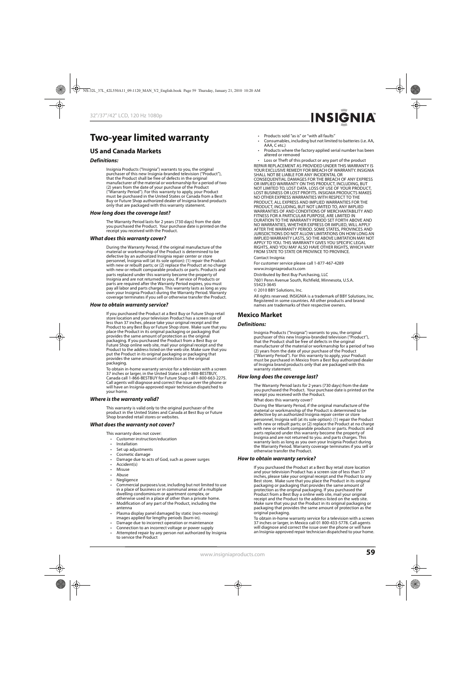 Two-year limited warranty, Us and canada markets, Mexico market | Insignia NS-32L550A11 User Manual | Page 63 / 68