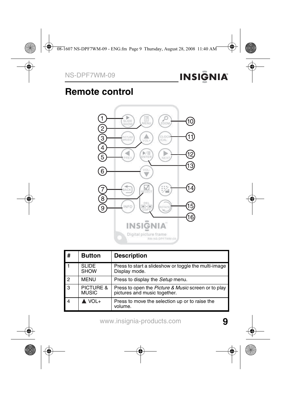 Remote control, Ns-dpf7wm-09 | Insignia NS-DPF7WM-09 User Manual | Page 11 / 48