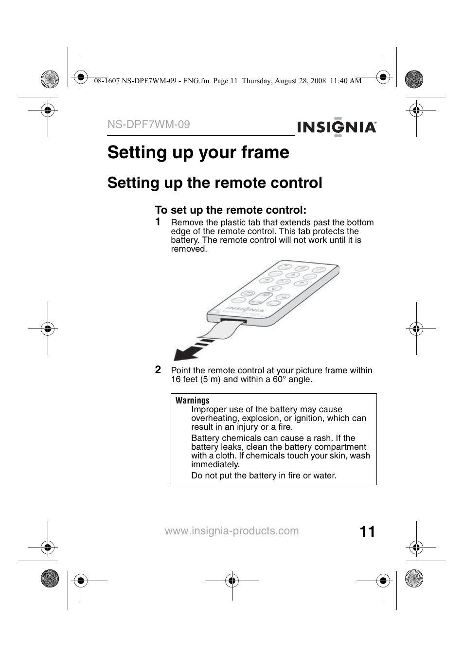 Setting up your frame, Setting up the remote control | Insignia NS-DPF7WM-09 User Manual | Page 13 / 48