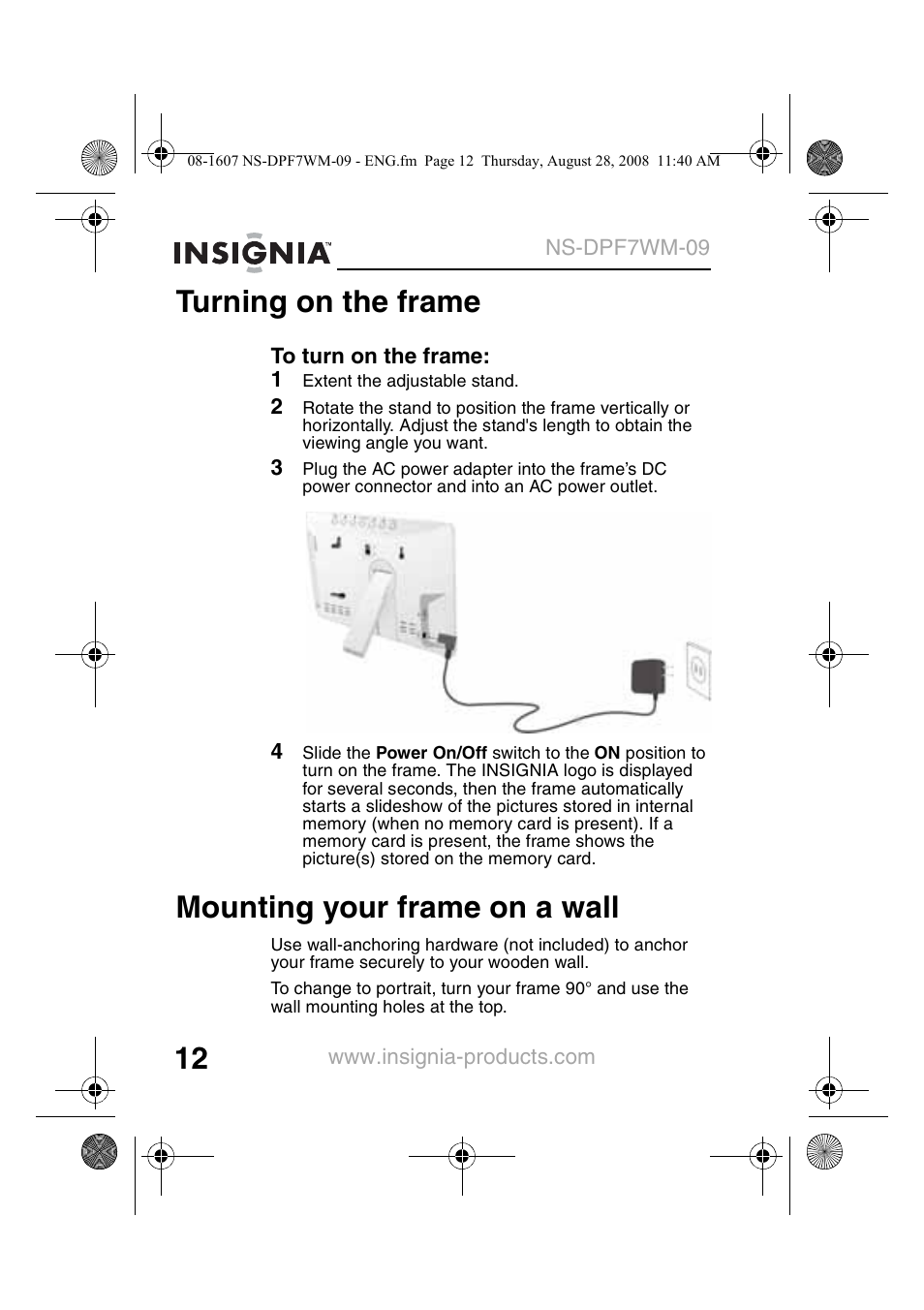 Turning on the frame, Mounting your frame on a wall | Insignia NS-DPF7WM-09 User Manual | Page 14 / 48