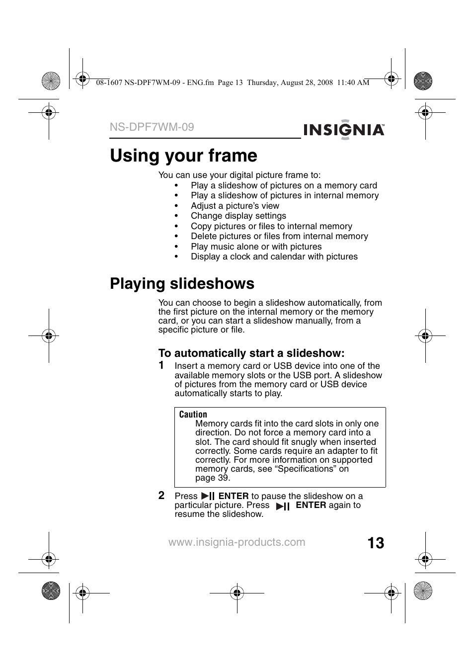 Using your frame, Playing slideshows | Insignia NS-DPF7WM-09 User Manual | Page 15 / 48