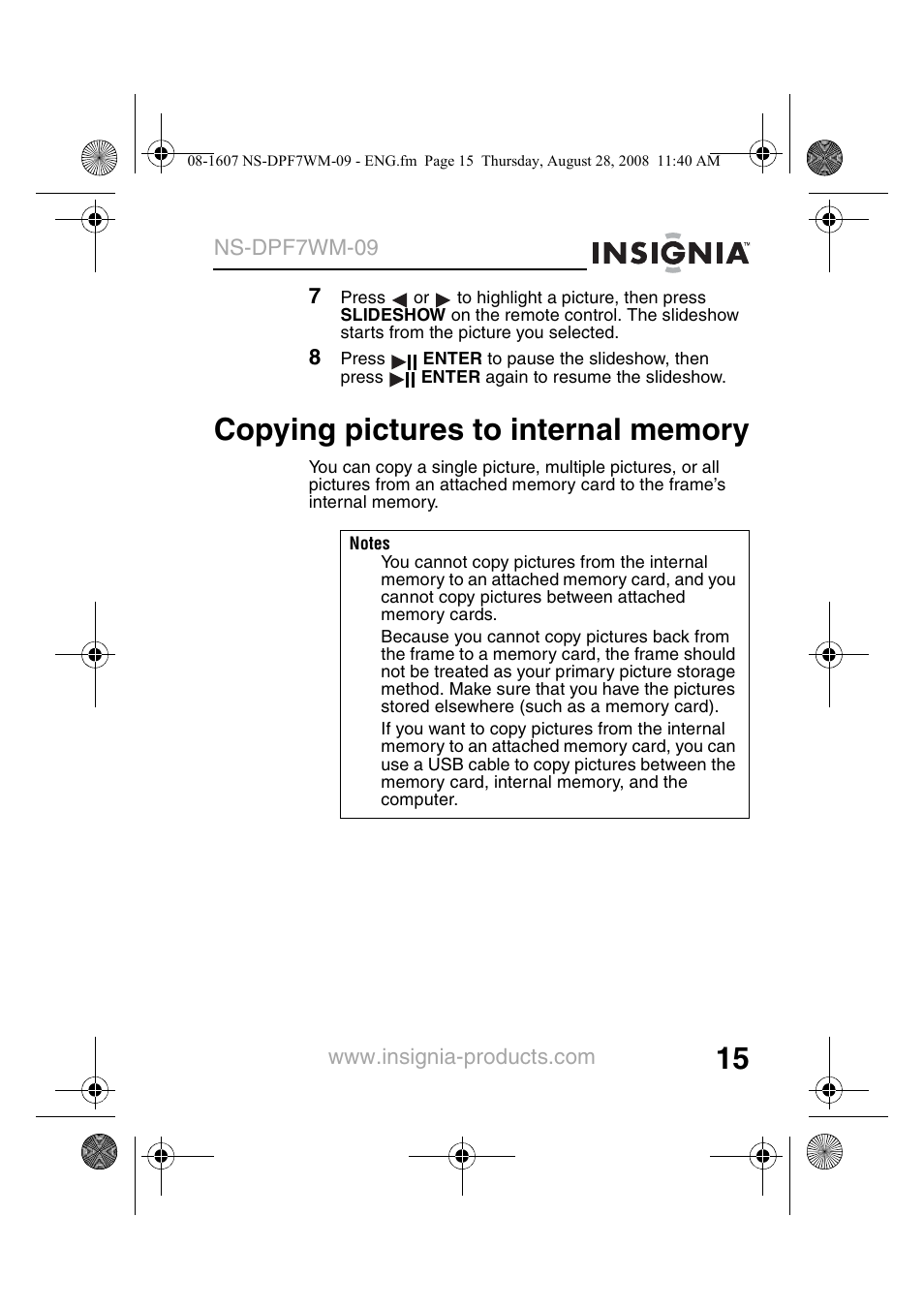 Copying pictures to internal memory | Insignia NS-DPF7WM-09 User Manual | Page 17 / 48