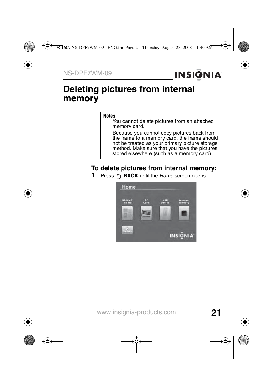 Deleting pictures from internal memory | Insignia NS-DPF7WM-09 User Manual | Page 23 / 48