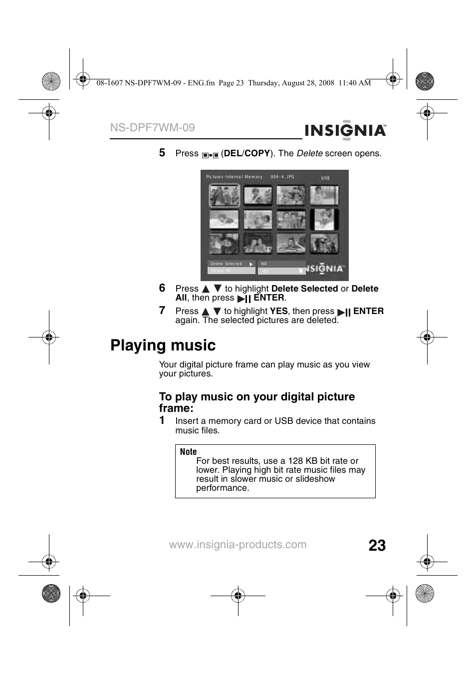 Playing music, Ns-dpf7wm-09 | Insignia NS-DPF7WM-09 User Manual | Page 25 / 48