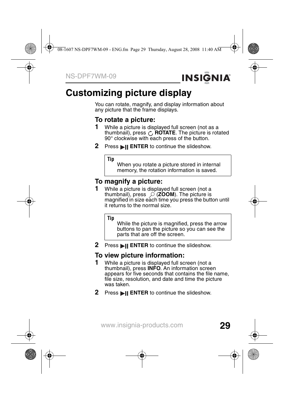 Customizing picture display | Insignia NS-DPF7WM-09 User Manual | Page 31 / 48