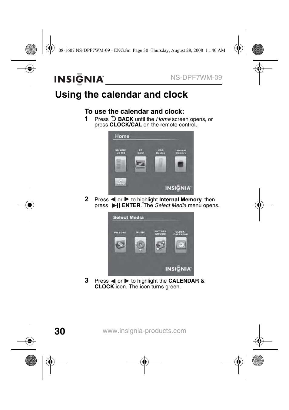 Using the calendar and clock | Insignia NS-DPF7WM-09 User Manual | Page 32 / 48