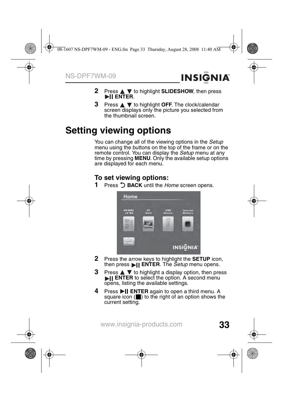 Setting viewing options | Insignia NS-DPF7WM-09 User Manual | Page 35 / 48