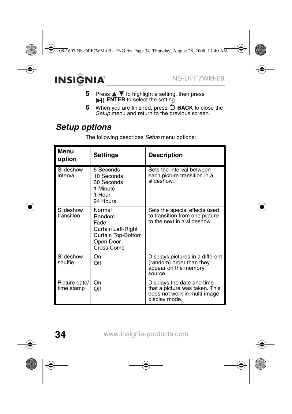 Setup options | Insignia NS-DPF7WM-09 User Manual | Page 36 / 48