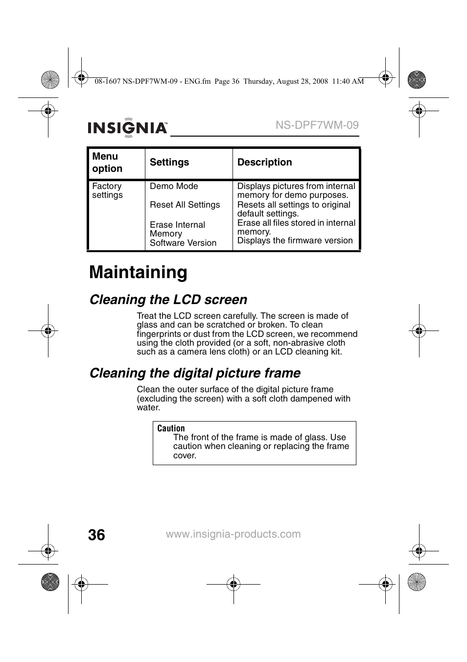 Maintaining, Cleaning the lcd screen, Cleaning the digital picture frame | Insignia NS-DPF7WM-09 User Manual | Page 38 / 48