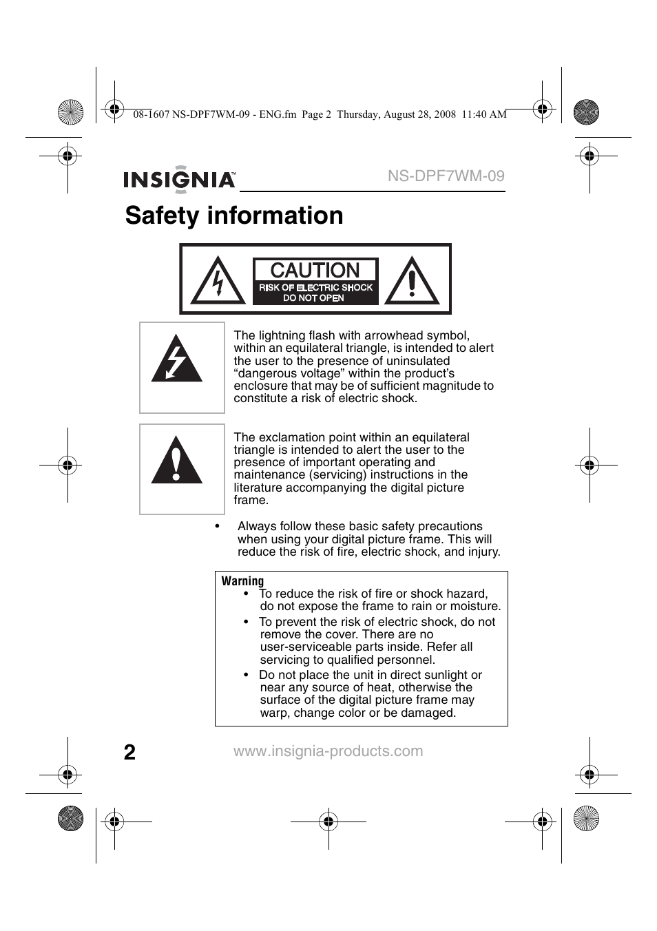 Safety information | Insignia NS-DPF7WM-09 User Manual | Page 4 / 48