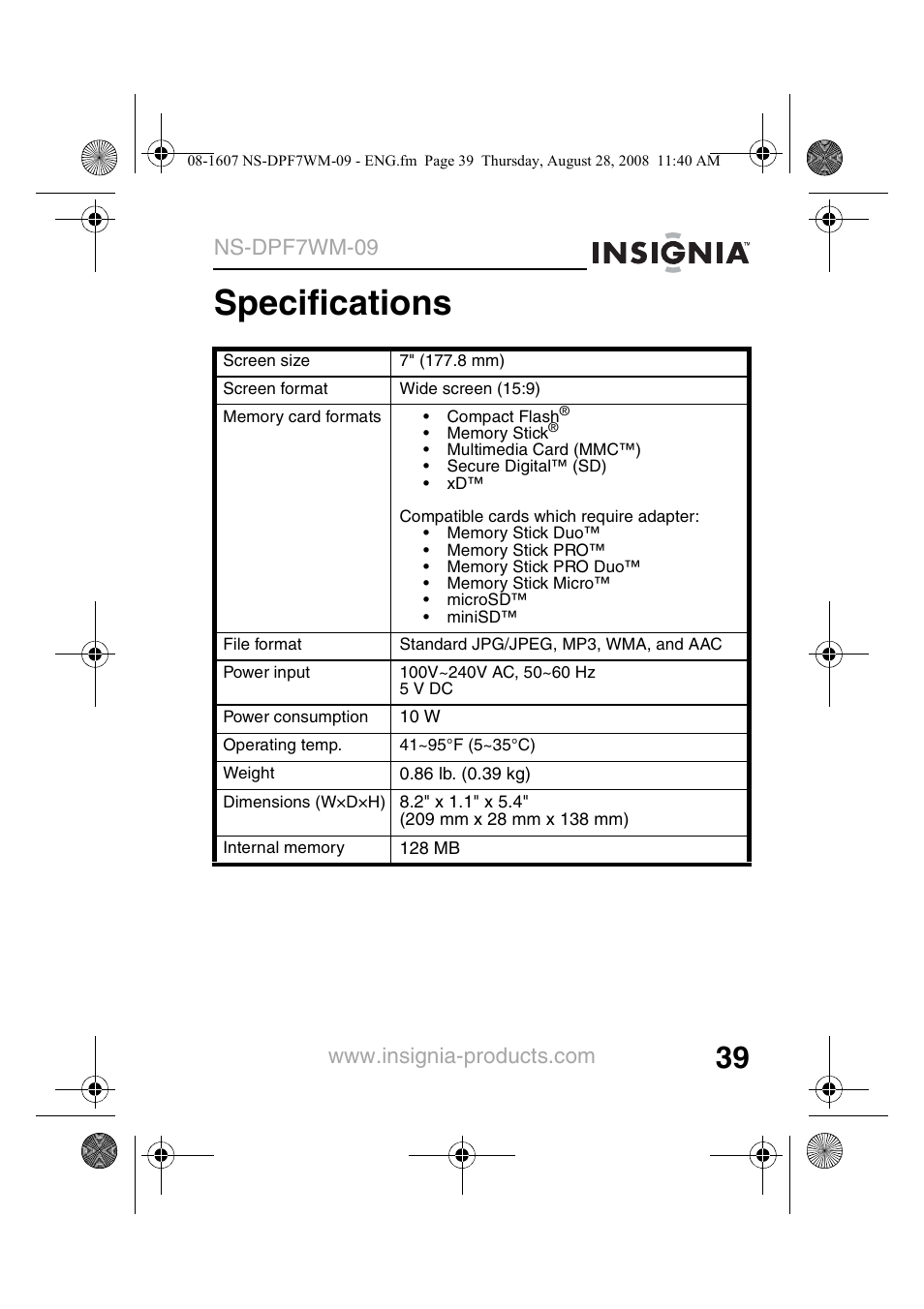 Specifications, Ns-dpf7wm-09 | Insignia NS-DPF7WM-09 User Manual | Page 41 / 48