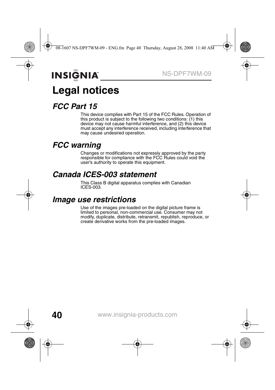 Legal notices, Fcc part 15, Fcc warning | Canada ices-003 statement, Image use restrictions | Insignia NS-DPF7WM-09 User Manual | Page 42 / 48