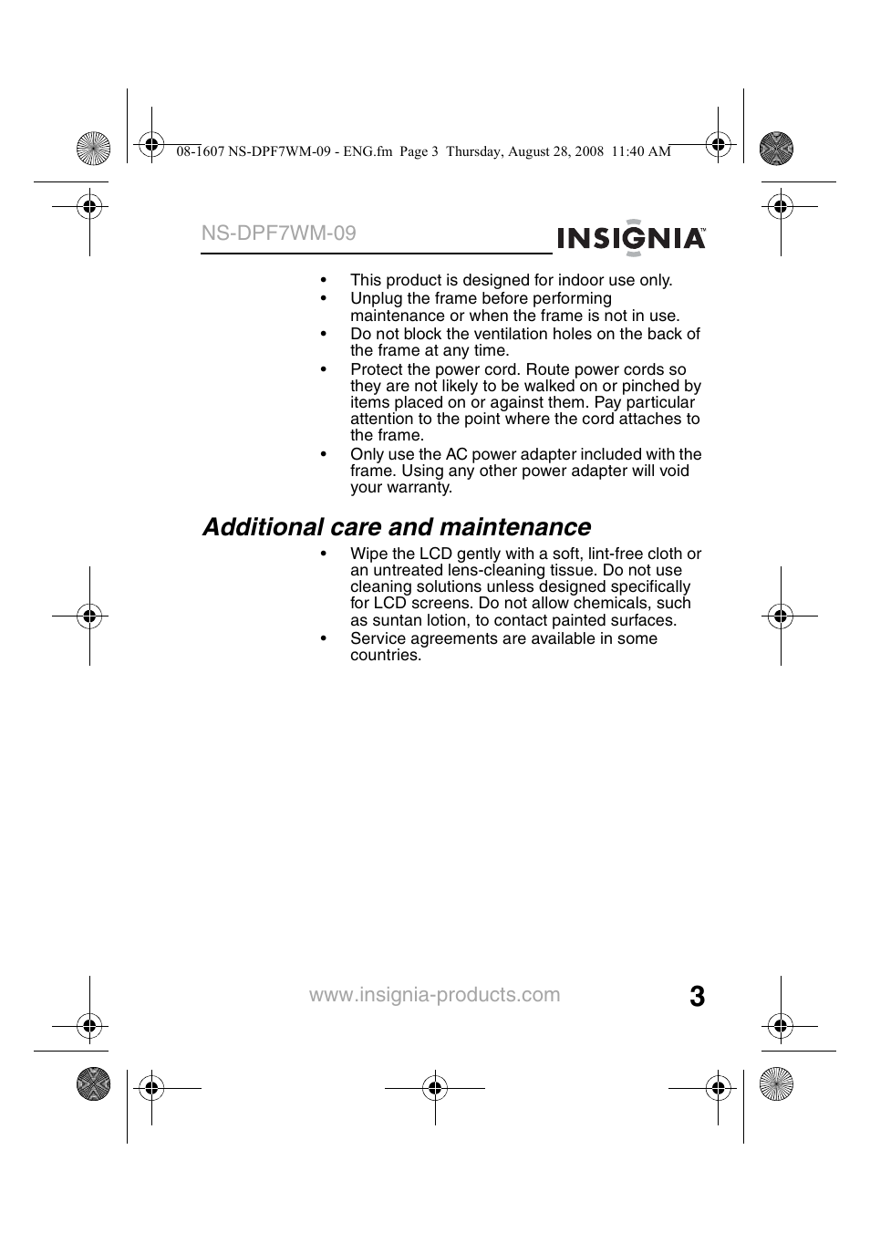 Additional care and maintenance | Insignia NS-DPF7WM-09 User Manual | Page 5 / 48