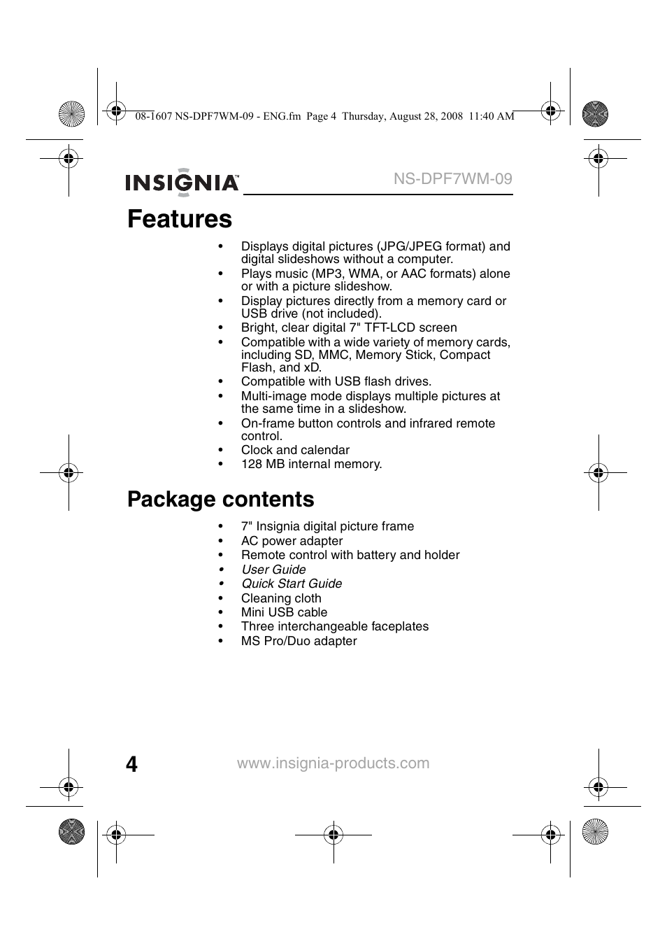 Features, Package contents | Insignia NS-DPF7WM-09 User Manual | Page 6 / 48