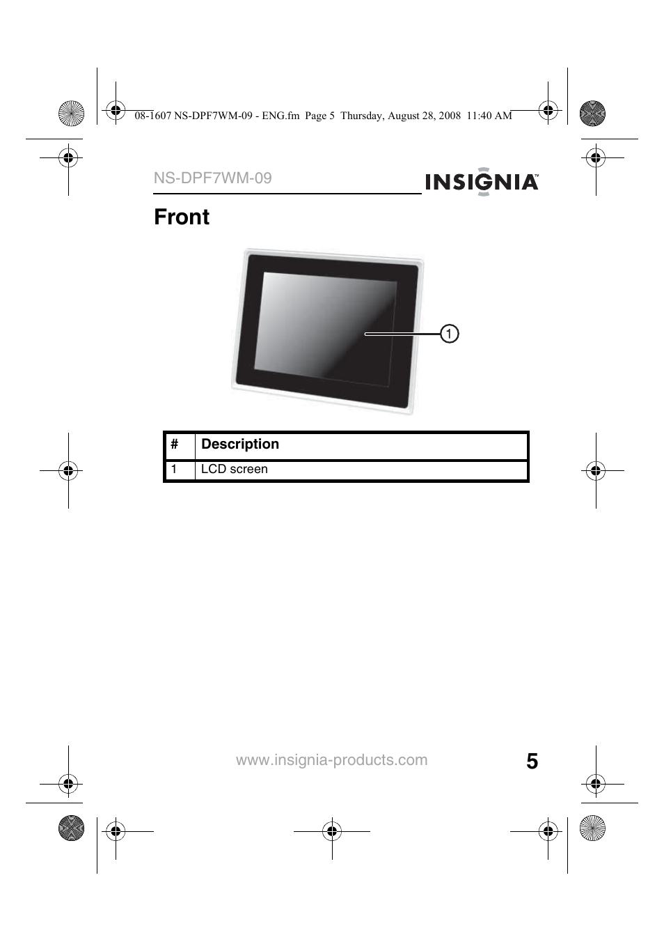 Front | Insignia NS-DPF7WM-09 User Manual | Page 7 / 48