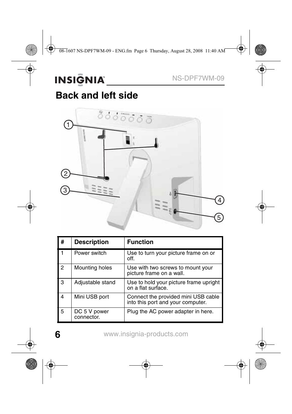 Back and left side | Insignia NS-DPF7WM-09 User Manual | Page 8 / 48