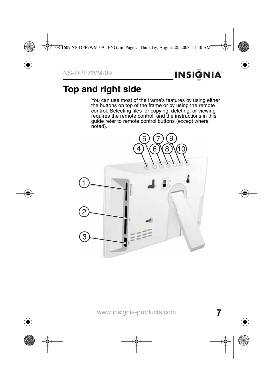 Top and right side | Insignia NS-DPF7WM-09 User Manual | Page 9 / 48