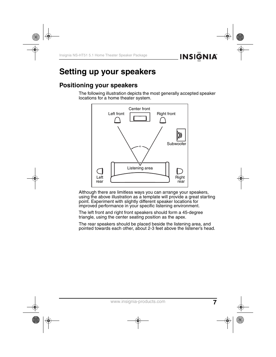 Setting up your speakers, Positioning your speakers | Insignia NS-HT51 User Manual | Page 9 / 52
