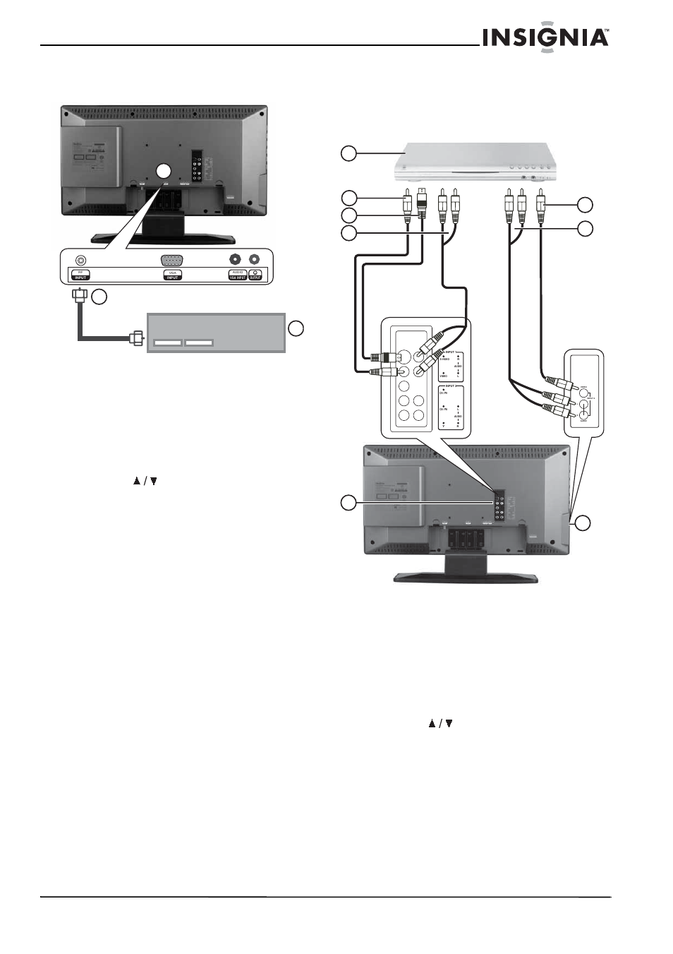 Conexión a las fuentes de video, Conexión a una antena o receptor de cable/satélite, Conexión a una fuente de video estándar | Insignia NS-20CLTV User Manual | Page 55 / 74