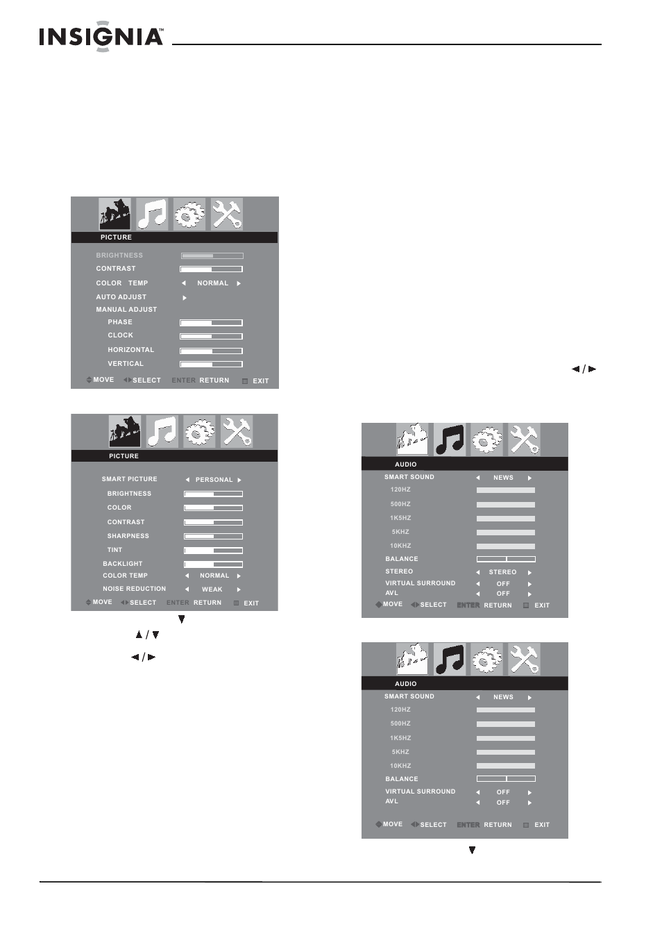 Cómo ajustar la configuración de la imagen, Cómo ajustar la configuración de audio, Modo pc | Otros modos, Modo de tv | Insignia NS-20CLTV User Manual | Page 62 / 74