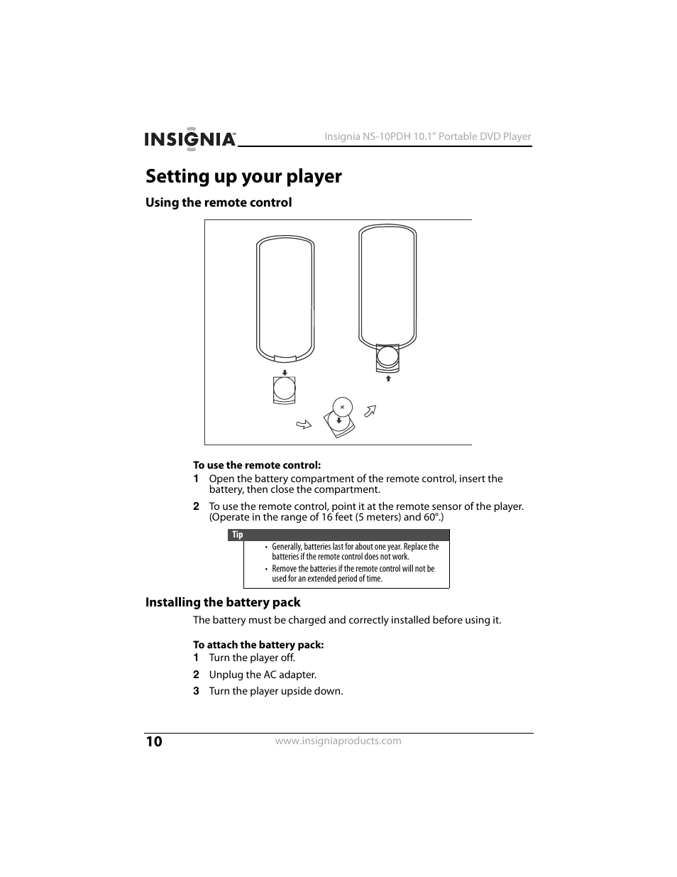 Setting up your player, Using the remote control, Installing the battery pack | Insignia NS-10PDH User Manual | Page 10 / 44