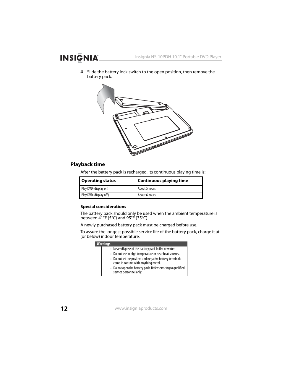 Playback time | Insignia NS-10PDH User Manual | Page 12 / 44
