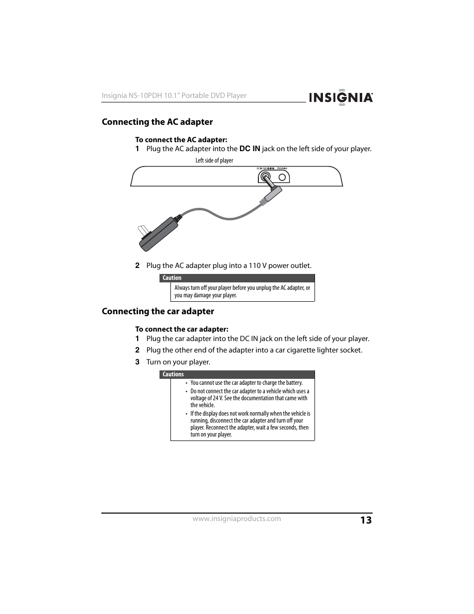 Connecting the ac adapter, Connecting the car adapter | Insignia NS-10PDH User Manual | Page 13 / 44