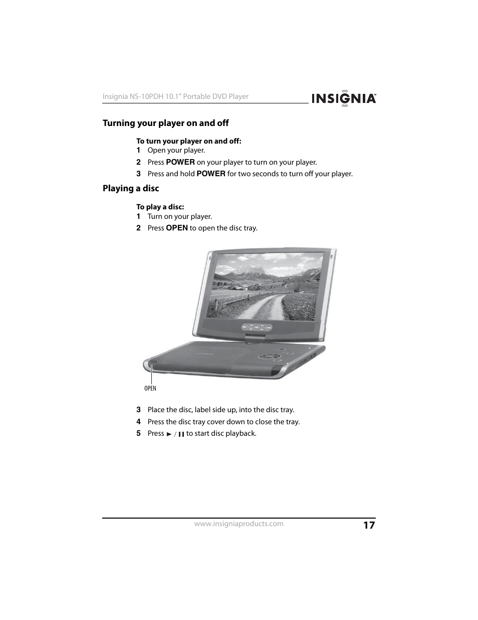 Turning your player on and off, Playing a disc | Insignia NS-10PDH User Manual | Page 17 / 44
