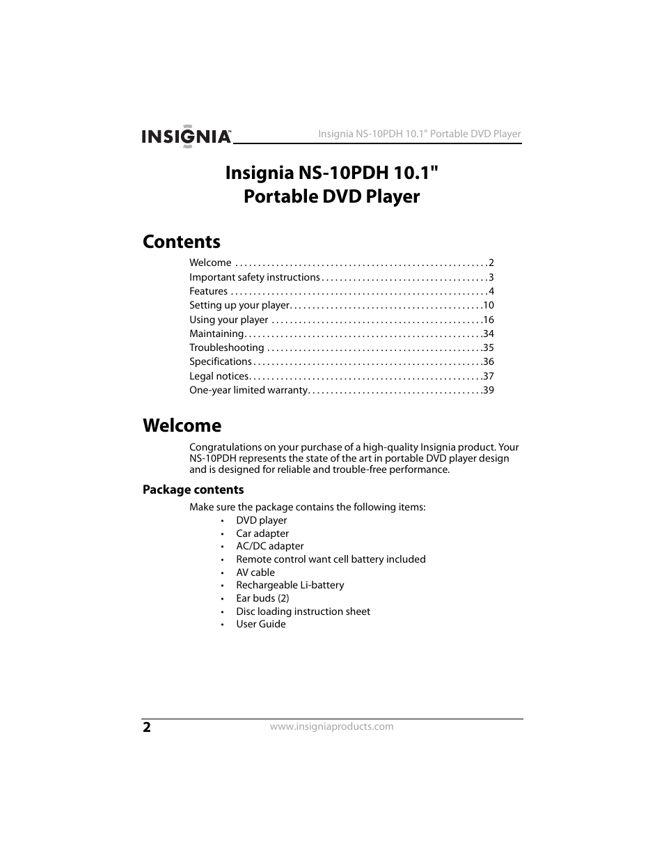 Insignia NS-10PDH User Manual | Page 2 / 44