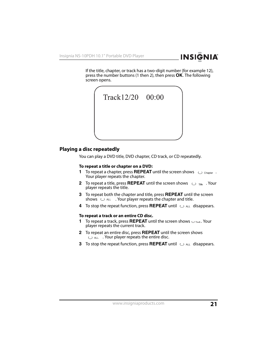 Playing a disc repeatedly | Insignia NS-10PDH User Manual | Page 21 / 44