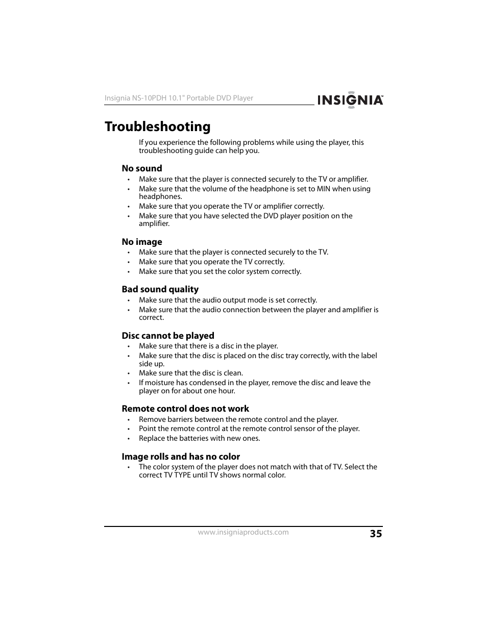 Troubleshooting, No sound, No image | Bad sound quality, Disc cannot be played, Remote control does not work, Image rolls and has no color | Insignia NS-10PDH User Manual | Page 35 / 44