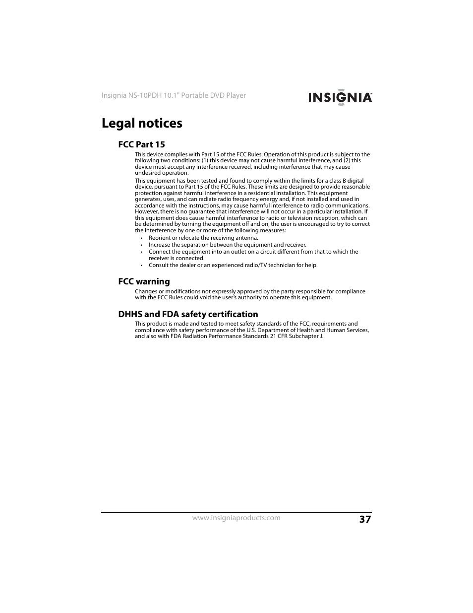 Legal notices, Fcc part 15, Fcc warning | Dhhs and fda safety certification | Insignia NS-10PDH User Manual | Page 37 / 44