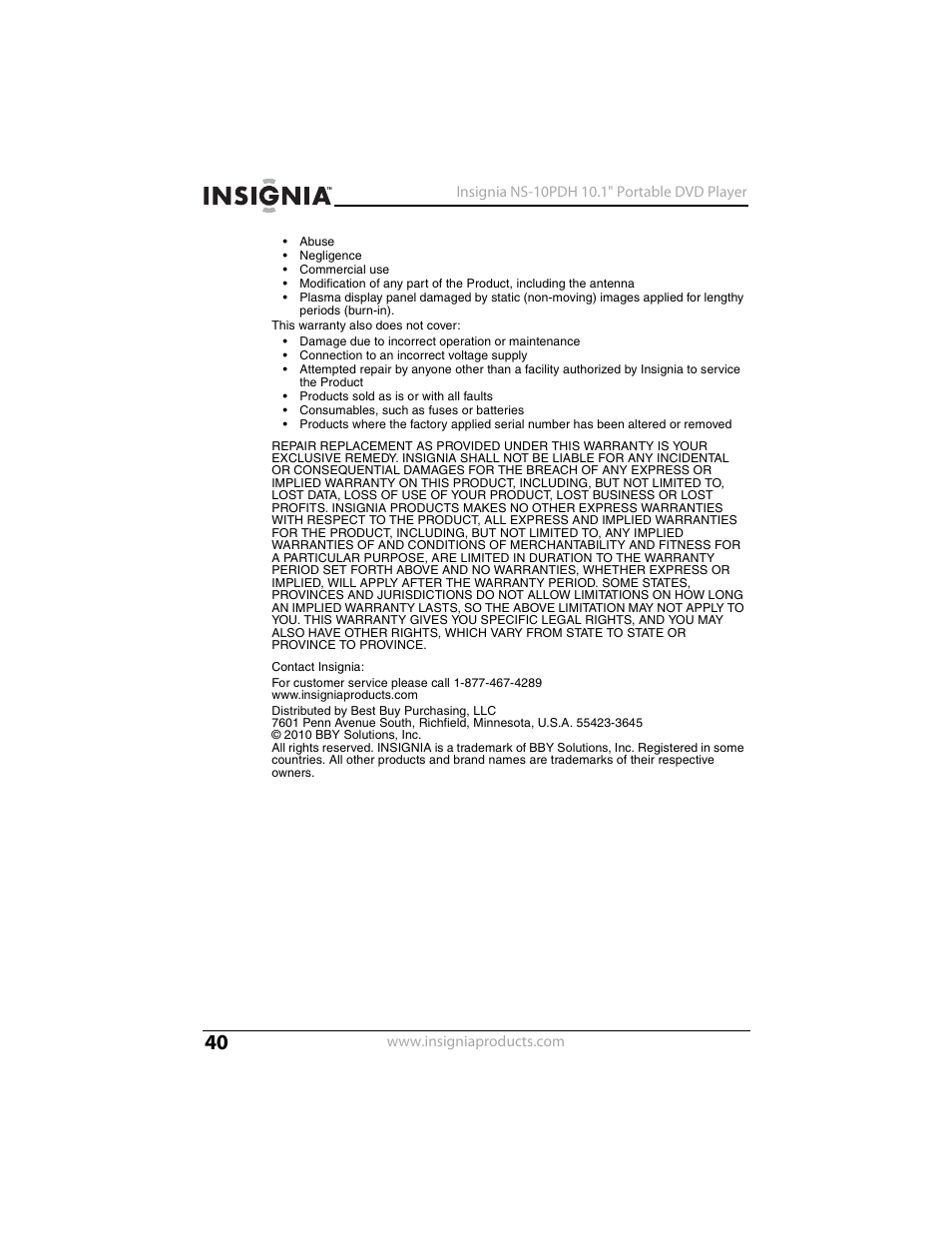 Insignia NS-10PDH User Manual | Page 40 / 44