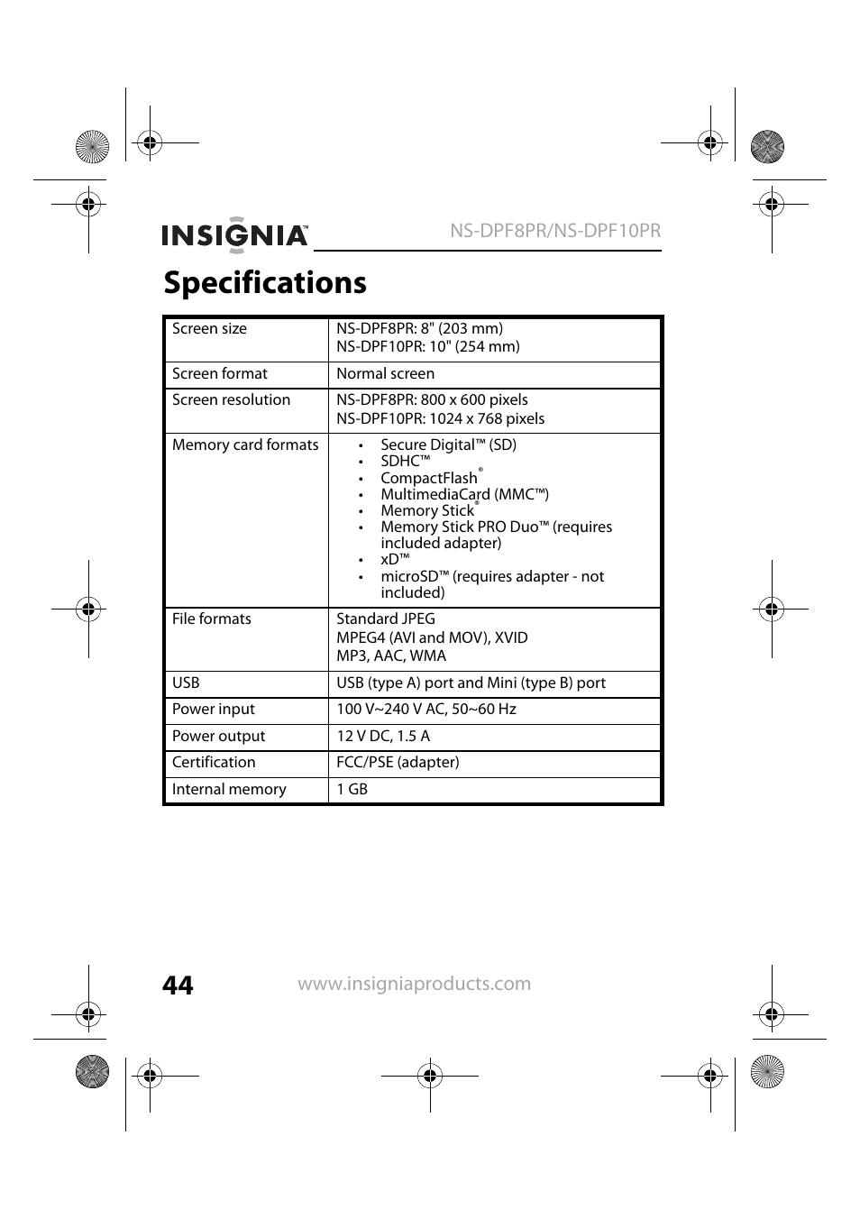 Specifications | Insignia NS-DPF8PR User Manual | Page 46 / 52